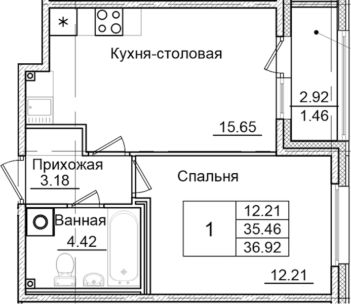 1-комнатная квартира 36.92 м², 1/9 эт., ЖК «Квартал Заречье»